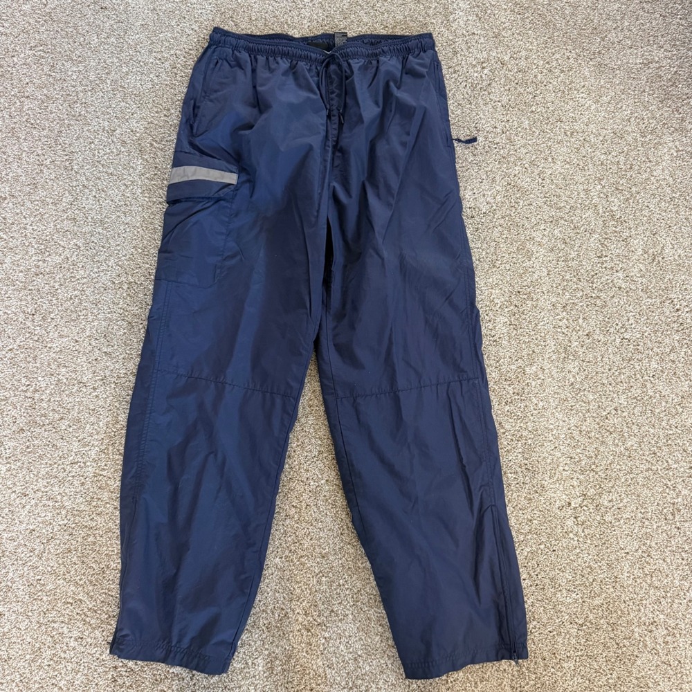 VTG Winner Mens‎ Navy Blue Nylon Mesh Lined Track Pants Joggers Reflective Large
